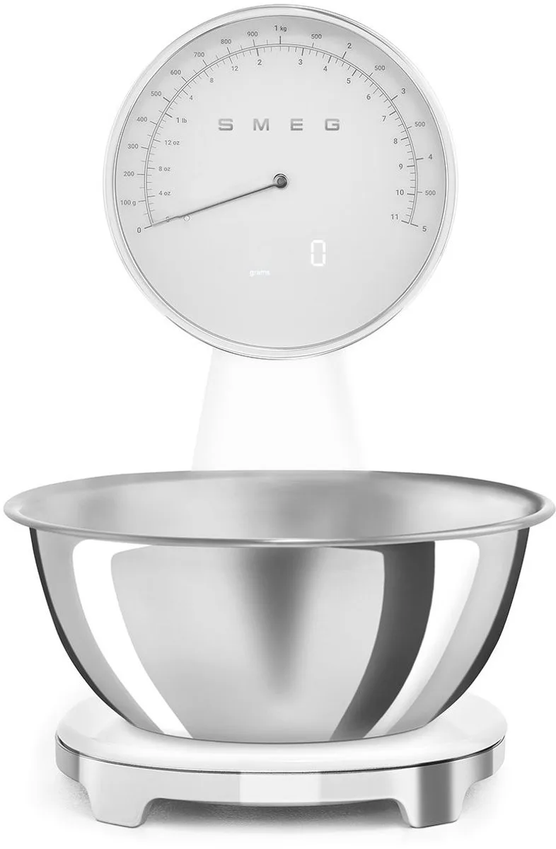 KSF01WHWW Keukenweegschaal - Analoog & Digitaal - 5 kg - RVS Kom 1,8L - USB Oplaadbaar - LCD Display - Tarrafunctie - '50s Style van Smeg in Wit – productfoto