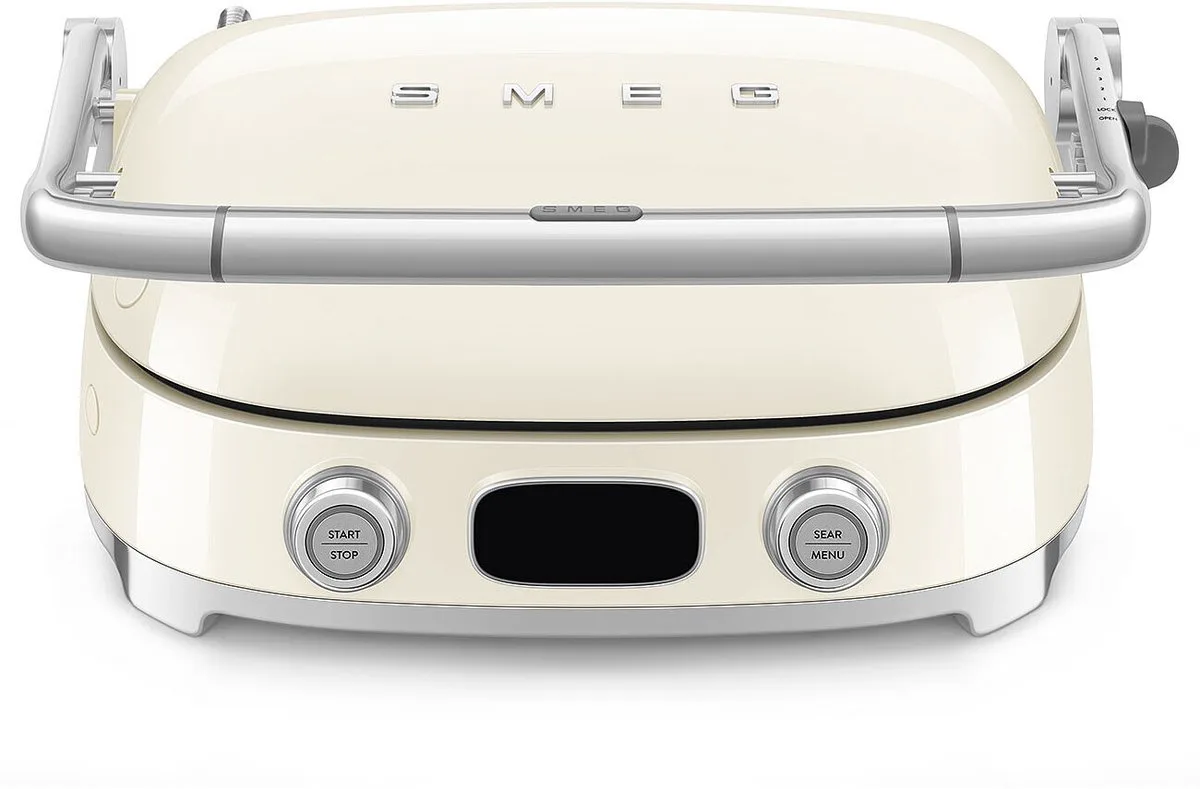 MGF01CREU Contactgrill - Multifunctionele Grill & Wafelijzer - 2000W - Verwisselbare Platen - PFAS-vrije Keramische Coating - BBQ- & Ovenfunctie - '50s Style van Smeg in Crème – productfoto