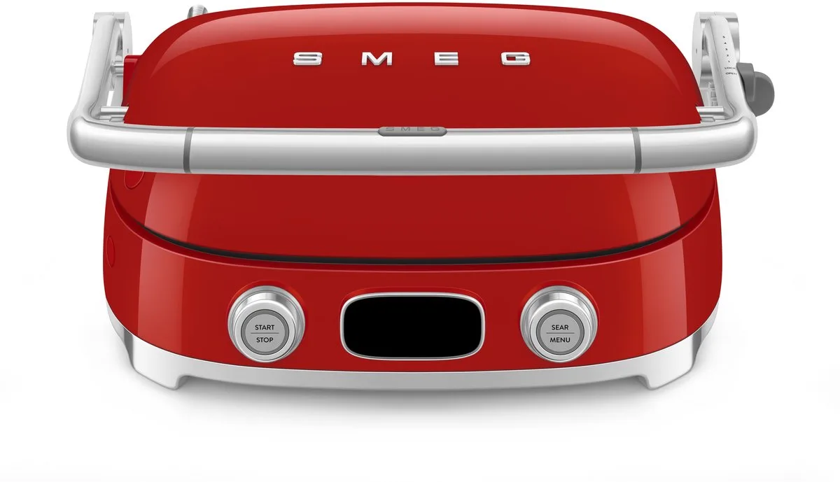 MGF01RDEU Contactgrill - Multifunctionele Grill & Wafelijzer - 2000W - Verwisselbare Platen - PFAS-vrije Keramische Coating - BBQ- & Ovenfunctie - '50s Style by Smeg in Red – product photo