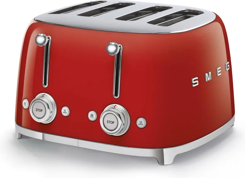 TSF03RDEU Broodrooster - 4 Sneden - 4 Brede Sleuven - 2000W - 6 Bruiningsstanden - Ontdooifunctie, Opwarmfunctie & Bagelfunctie - '50s Style by Smeg in Red – product photo