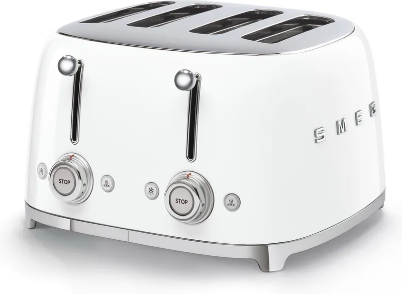 TSF03WHEU Broodrooster - 4 Sneden - 4 Brede Sleuven - 2000W - 6 Bruiningsstanden - Ontdooifunctie, Opwarmfunctie & Bagelfunctie - '50s Style von Smeg in Weiß – Produktfoto