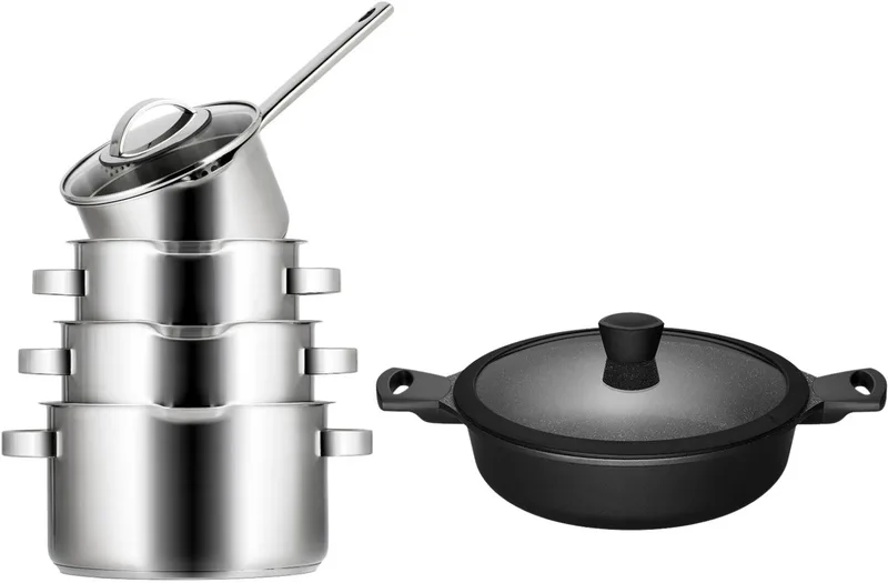 Pannenset Pearl 5-Delig RVS - Downdraft geschikt - Kookpan ø 16, 18, 20 cm & Steelpan ø 16 cm + Sola Hapjespan Fair ø 28 cm - geschikt voor alle warmtebronnen von Sola in Silber – Produktfoto