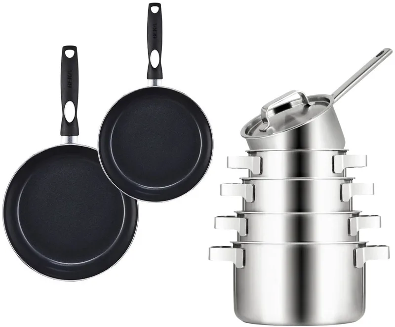 Pannenset Ruby 7-delig - Kookpan ø 16, 18, 20 en 24 cm en steelpan ø 16 cm & BEKA Koekenpannen ø 24 & 28 cm de Sola en Argent – photo produit