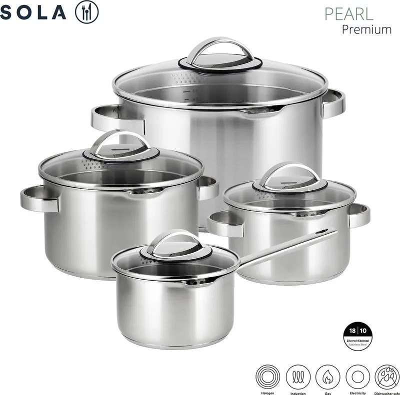 Pearl Premium pannensets - 4-delig - Premium RVS Pannen - Geschikt voor Elke Warmtebron - PFAS Vrij från Sola i Silver – produktbild