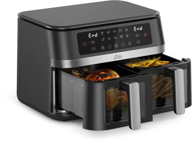 Air Fryer Duo Dubbele Airfryer met 2 Lades - 2200W - Multifunctionele Heteluchtfriteuse - PFAS-vrij - Kijkvenster - 11L - 10 Verschillende Programma's by Solis in Black – product photo