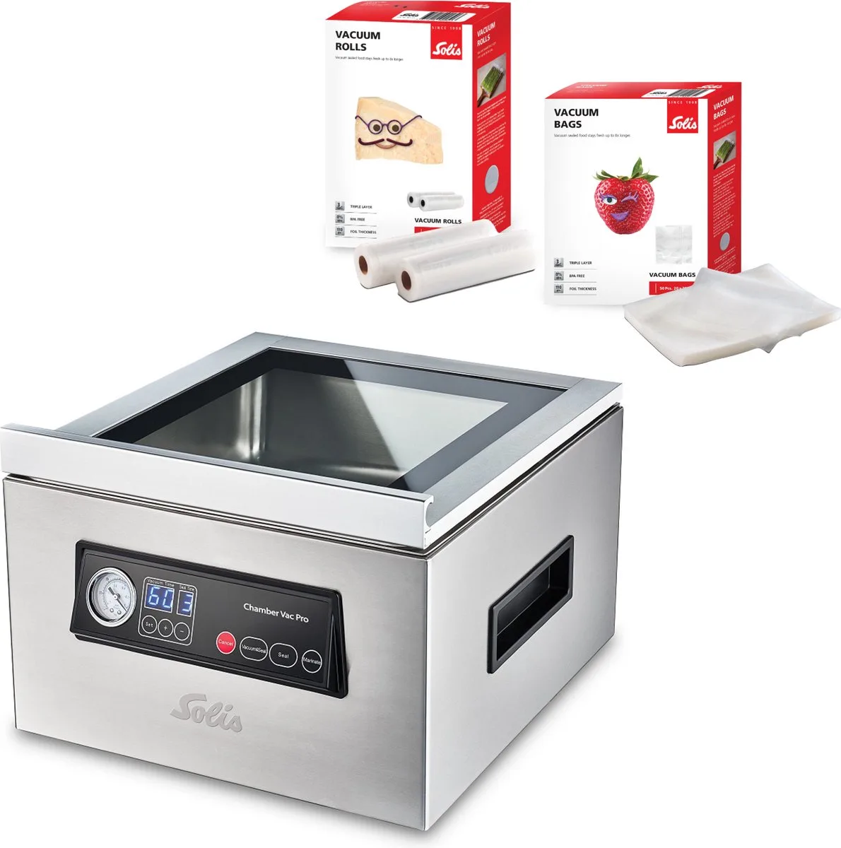 Chamber Vac Pro 5702 Vacumeermachine + 2 Vacuümrollen (20 x 600 cm) en 50 Vacumeerzakken (20 x 30 cm) - Zilver by Solis in Grey – product photo