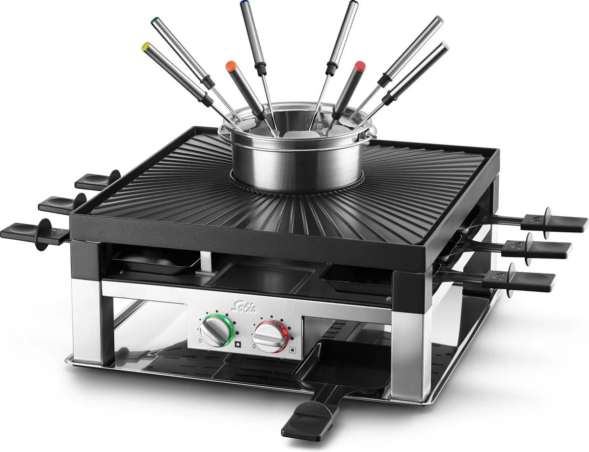 Combi Tafelgrill 3 in 1 796 Gourmetstel 8 Personen - Fondue, Raclette & Grill - Fondueset - Anti Aanbaklaag - 1.3L Fonduepan - Zilver/Zwart van Solis in Zilver, Grijs, Zwart – productfoto