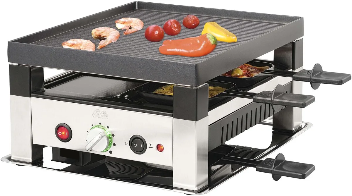 Raclette & Pizza Grill - Gourmetstel 4 Personen - Raclette Gourmet Stel - Tafelgrill met 4 Verschillende Functies van Solis in Zwart – productfoto