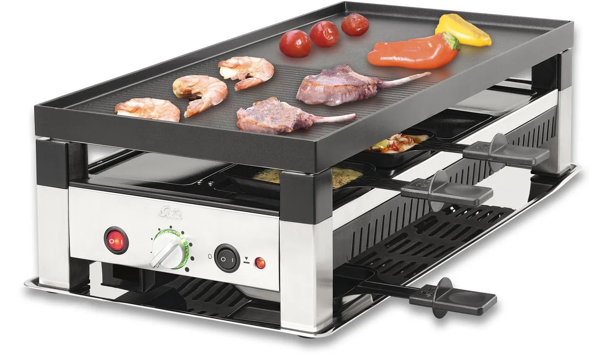 Raclette & Pizza Grill - Gourmetstel 8 Personen - Raclette Gourmet Stel - Tafelgrill met 4 Verschillende Functies van Solis in Rvs, Zilver – productfoto