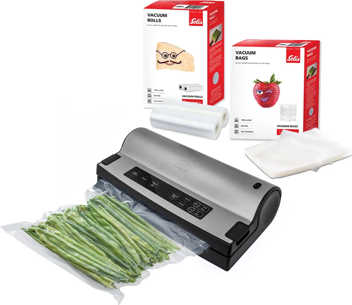 Vac Prestige 575 Vacumeermachine - Vacuummachine met Marineerfunctie en Slangaansluiting - Vacuum Sealer Inclusief 2 Vacuümrollen en 50 Vacuümzakken - Grijs van Solis in Grijs met rollen en zakken – productfoto