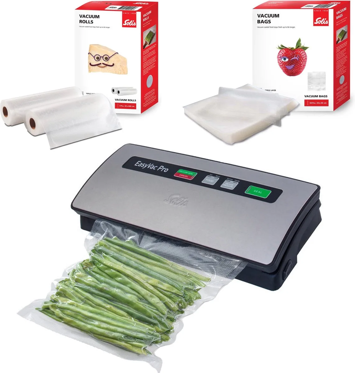 Vac Pro 569 Vacumeermachine - Vacuum Sealer - Vacuummachine met Slangaansluiting + 2 Vacuumrollen 20 x 600 cm + 50 Vacuumzakken 20 x 30 cm de Solis en Gris – photo produit