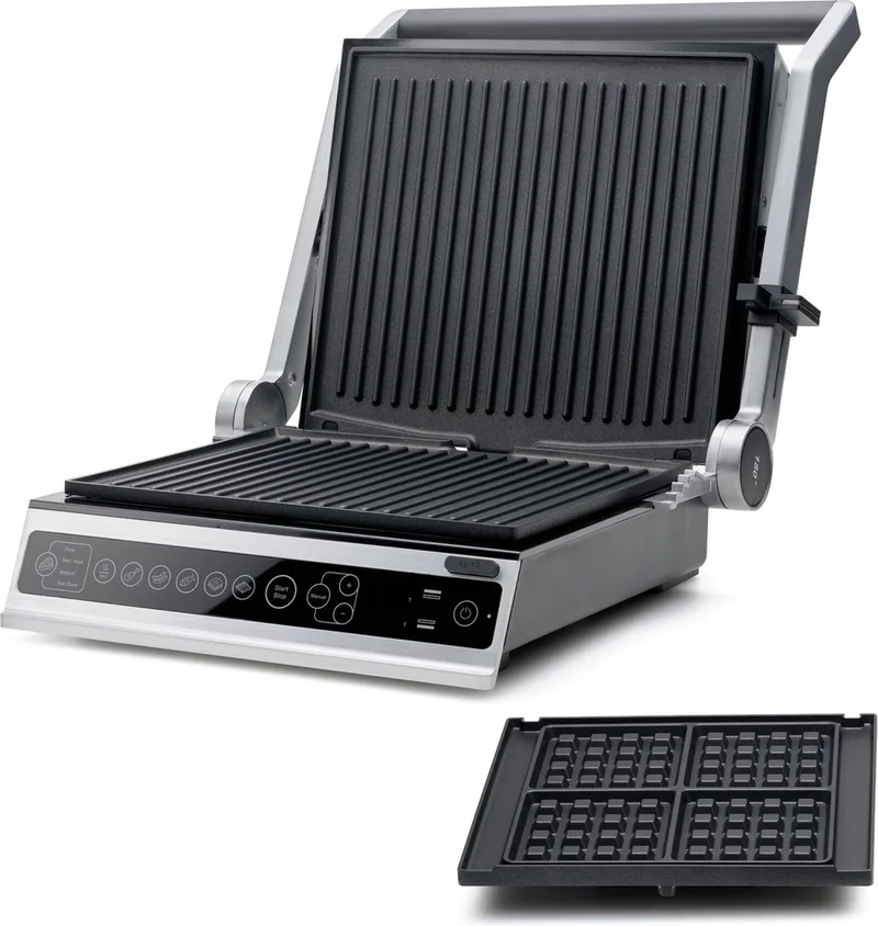 Wafel & Contactgrill Pro - Grill Apparaat met Verwisselbare Platen - 5 Grillprogramma's - Tosti Apparaat - Wafelijzer - Panini Grill - RVS fra Solis i Sølv – produktbillede