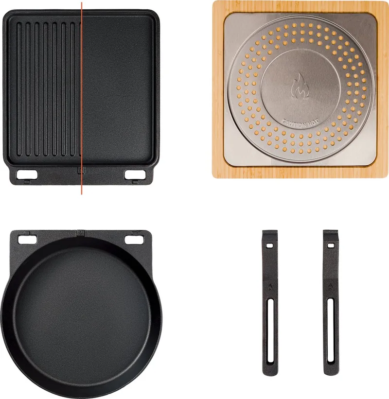 Pi Gietijzeren 3-Delige Kookgerei Set | Incl. Ronde Koekenpan (30,5 cm), Omkeerbare Grill / Bakplaat (29,2 x 33 cm), 2 Afneembare Handgrepen, Voet voor Bescherming, Binnen + Buiten Gebruik van Solo Stove in Zwart – productfoto