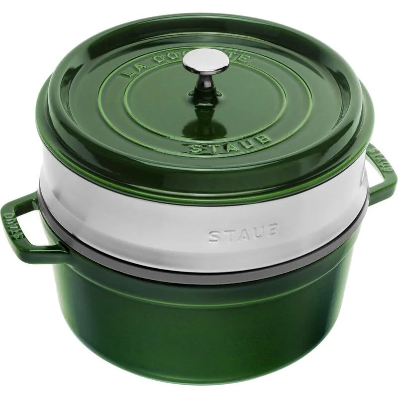 runder Gusseisen Bräter mit Edelstahl-Dampfgarer 26 cm Basilikumgrün fra Staub – produktbillede
