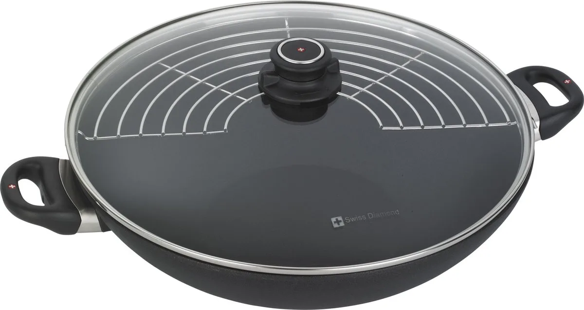 XD Wokpan - Incl. Deksel en Tempura rek - Non-Stick - 36 cm - 6 Liter van Swiss Diamond in Zwart – productfoto