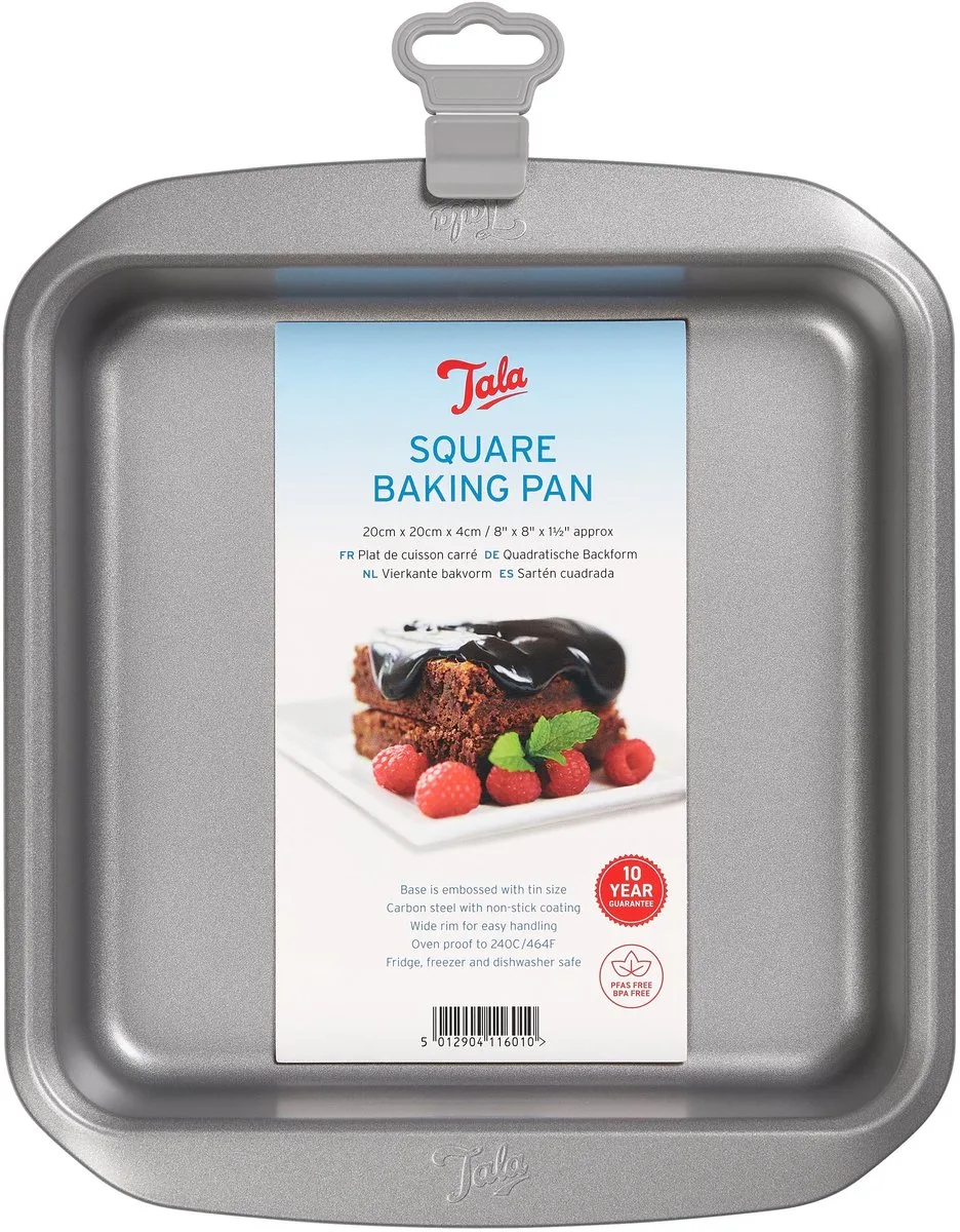 Everyday – Vierkante Bakvorm – 20 x 20 cm – Carbonstaal – Met Antiaanbaklaag – Brede Handgrepen & Stapelbaar – Voor Brownies, Cake & Lasagne - Buitenmaat 25 x 25 cm van Tala in Grijs – productfoto
