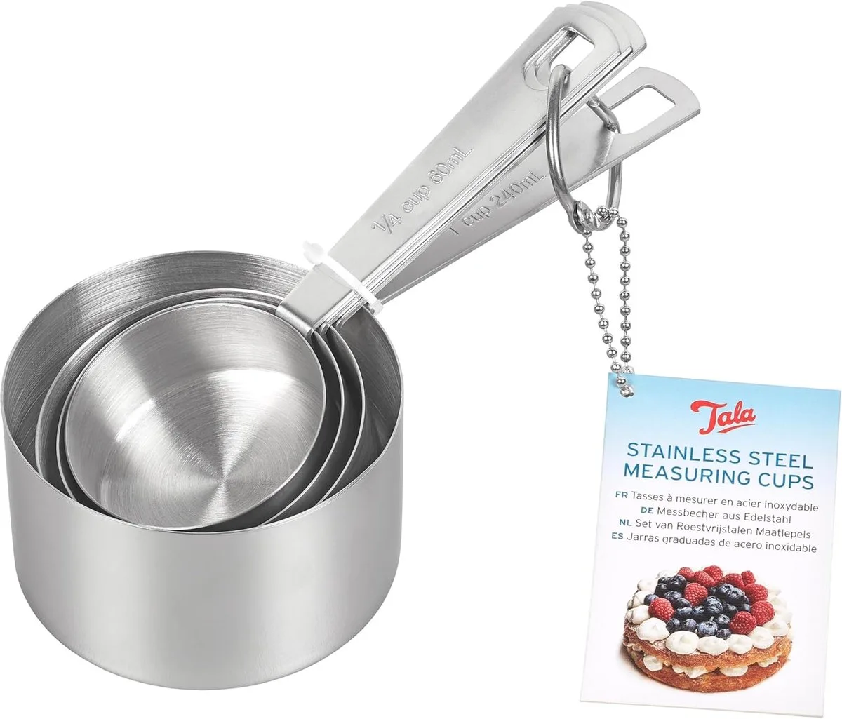 Maatcupset – 4 Stuks – Roestvrij Staal – Met Opbergring – Maatbekers voor Droge & Vloeibare Ingrediënten – Handwas van Tala in Zilver – productfoto