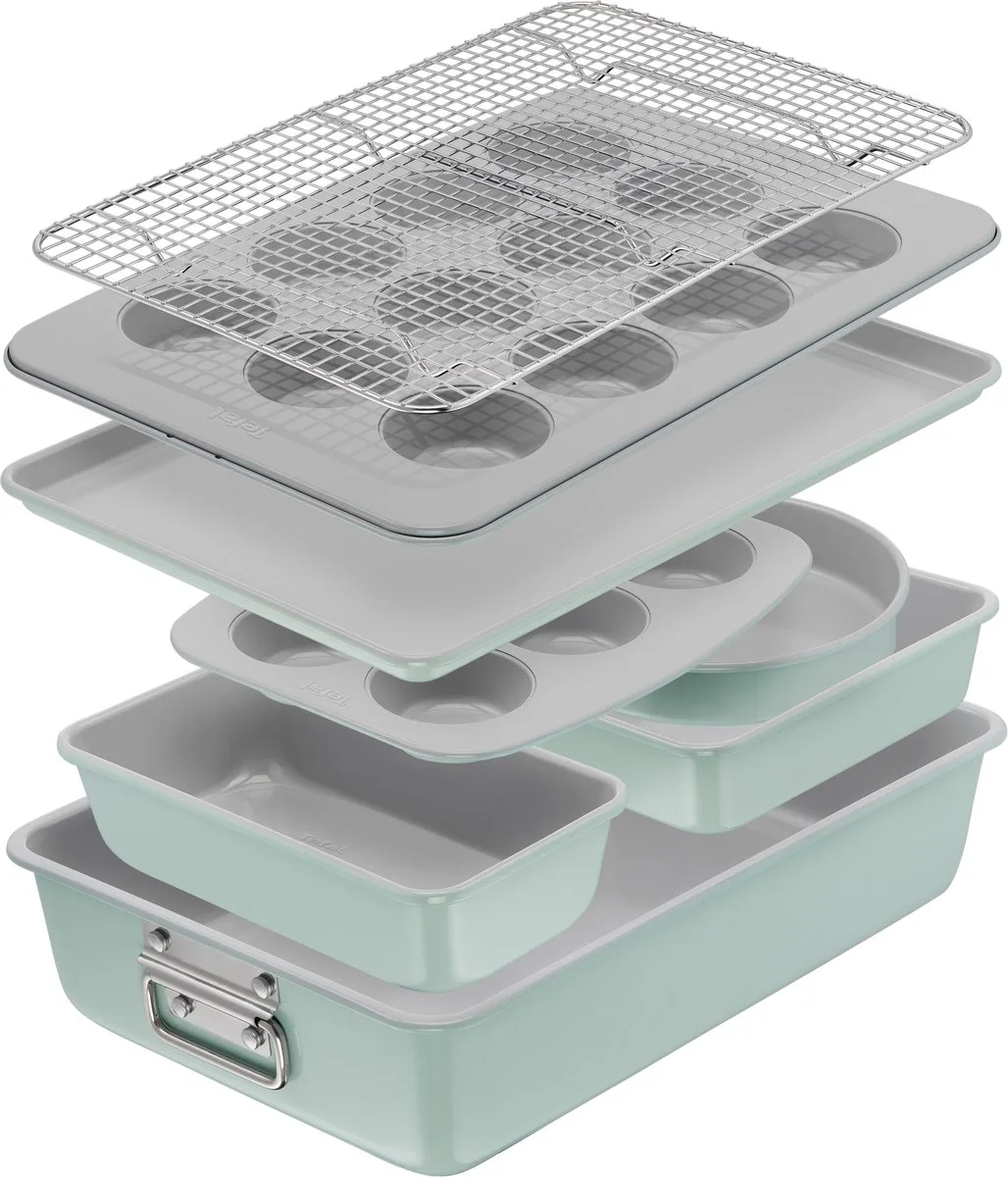 Ceramik Bakvorm - 8-delige Set - Muffinvorm, Cakevorm, Koelrek - Non-Stick Coating - PFAS-vrij van Tefal in Blauw – productfoto