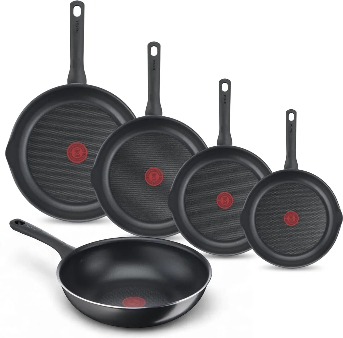 Day by Day Pannenset - Koekenpannen 20/24/28/32cm + Wokpan 28cm - Niet geschikt voor Inductie - Anti-aanbaklaag - Schenktuiten - Aluminium van Tefal in Zwart – productfoto