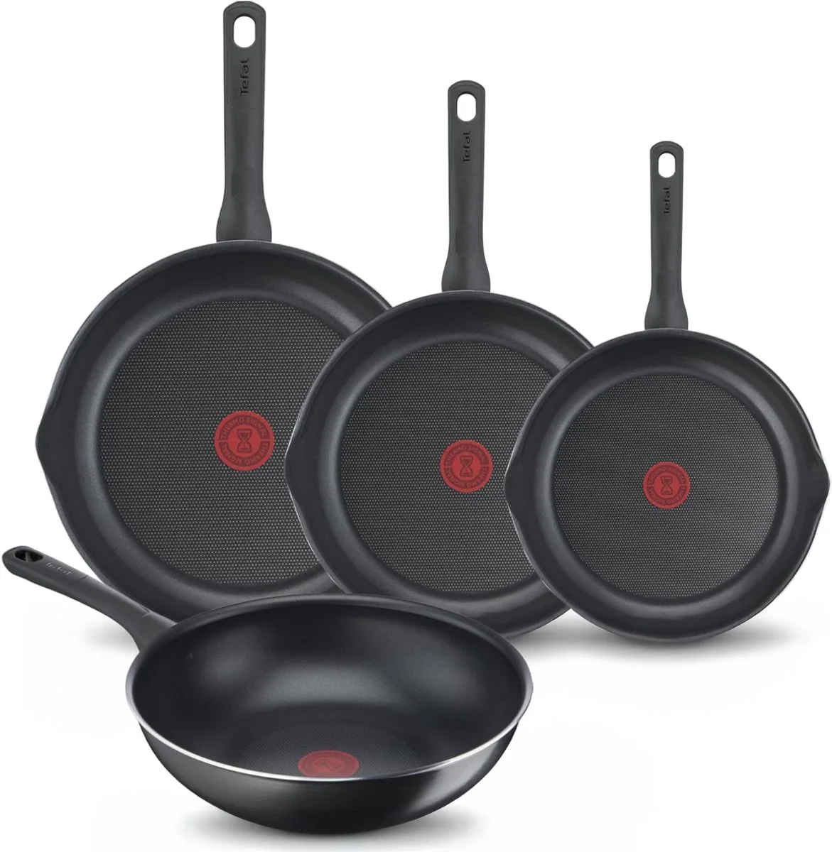 Day by Day Pannenset - Koekenpannen 20/24/28cm + Wokpan 28cm - Niet geschikt voor Inductie - Anti-aanbaklaag - Schenktuiten - Aluminium van Tefal in Zwart – productfoto