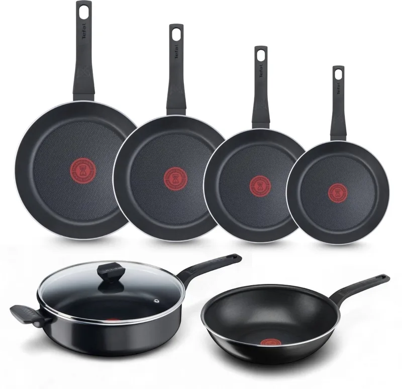 Easy Cook & Clean Pannenset - Koekenpannen 20/24/28/32cm + Wokpan 28cm + Hapjespan 28cm - Niet geschikt voor Inductie - Anti-aanbaklaag - Aluminium by Tefal in Black – product photo