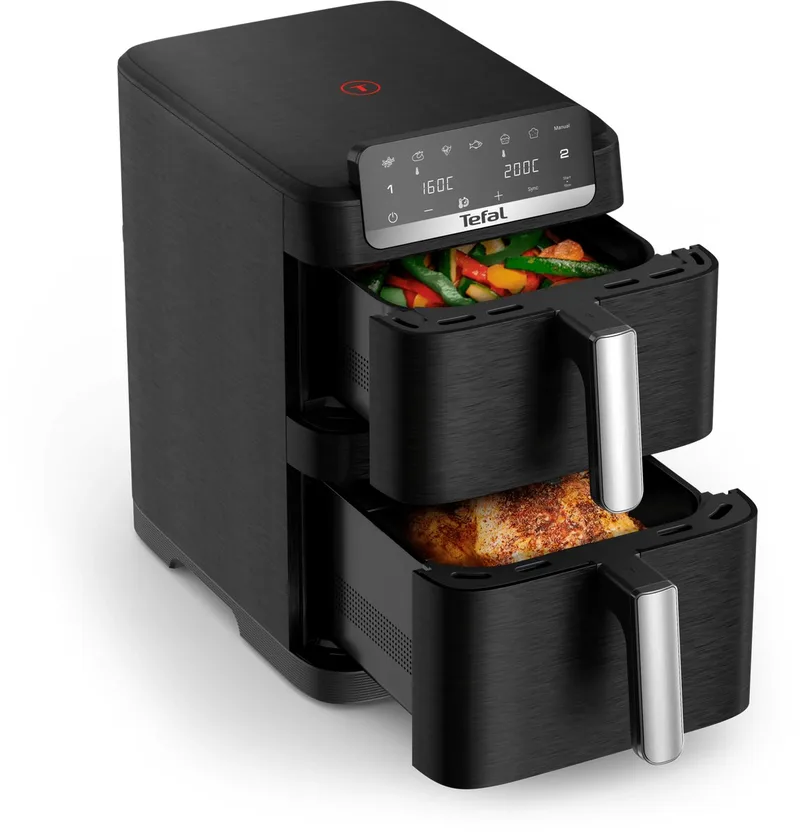 Easy Fry Crispy Stack EY7528 - Dubbele Airfryer - 10L - 40% Ruimtebesparing - Voor 6 Personen van Tefal in Zwart – productfoto
