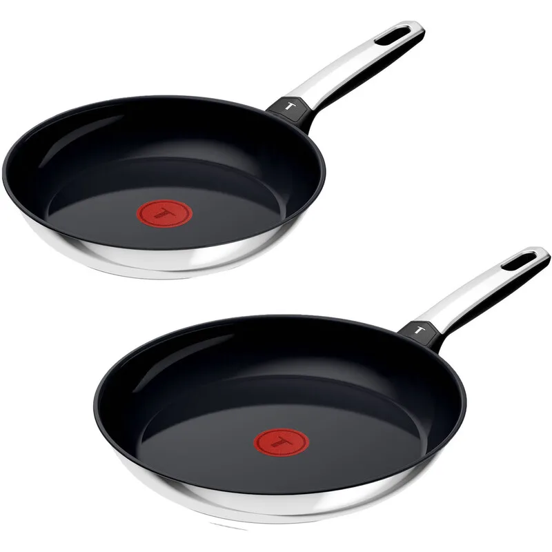 Emotion+ 2-teiliges Bratpfannen-Set, Hochglanz polierter Edelstahl, 24 cm & 28 cm Durchmesser, 8,2 cm Pfannenhöhe, 43,4 cm/47,4 cm Griffmaß, 25,6 cm/29,6 cm Breite, Premium 18/10 Edelstahl, Keramik Antihaftbeschichtung, Kunststoffgriffe, Induktionsoptimierter Boden, Thermo-Signal Temperaturanz von Tefal – Produktfoto