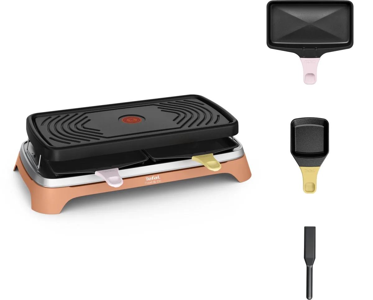 Food & Co RE650J10 – Multifunctioneel kooktoestel – Gezellig tafelen met 8 – Binnen en buiten gebruik – Makkelijk schoon te maken – XL pannetjes – Raclette grill toestel från Tefal i Svart – produktbild