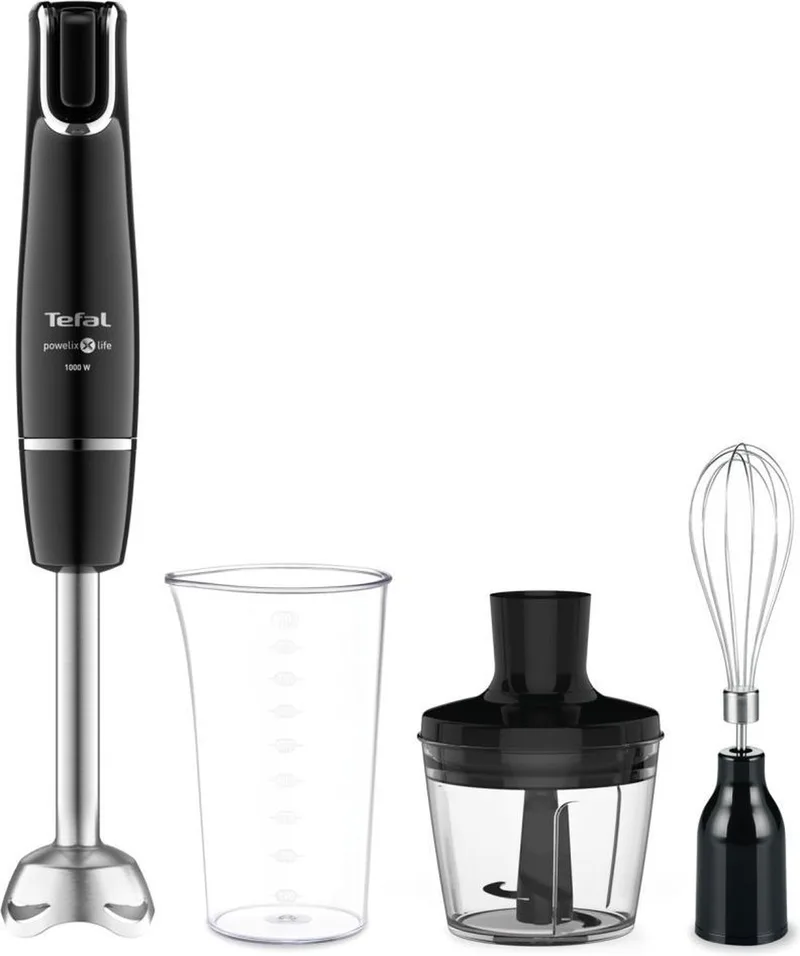 InfinyForce HB9438 - Staafmixer - Inclusief Mengbeker, Hakmolen en Garde - Ergonomische Snelheidsregeling - Geschikt voor Sauzen en Soepen - Zwart - 1000W by Tefal in Black, Rvs – product photo