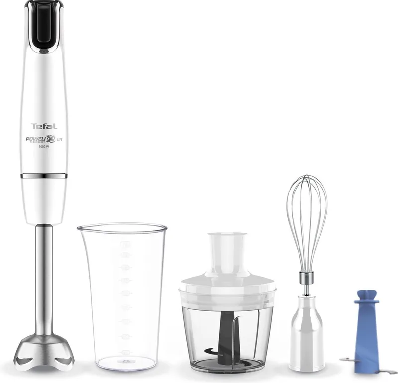 InfinyForce HB9441 - Staafmixer - Inclusief Mengbeker, Hakmolen, Garde en Ice-crusher - Ergonomische Snelheidsregeling - Geschikt voor Sauzen en Soepen - 1000W by Tefal in White – product photo