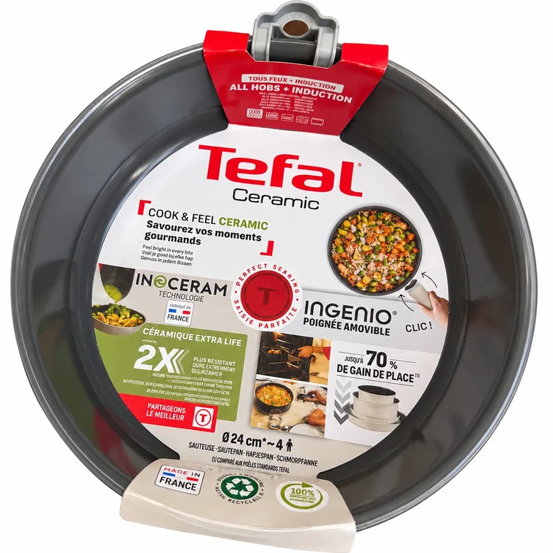 Ingenio Ceramic Hapjespan 24 cm – Inductie – Afneembare Handgreep – Wit/Grijs de Tefal en Blanc, Crème buitenzijde, Grijze binnenzijde – photo produit