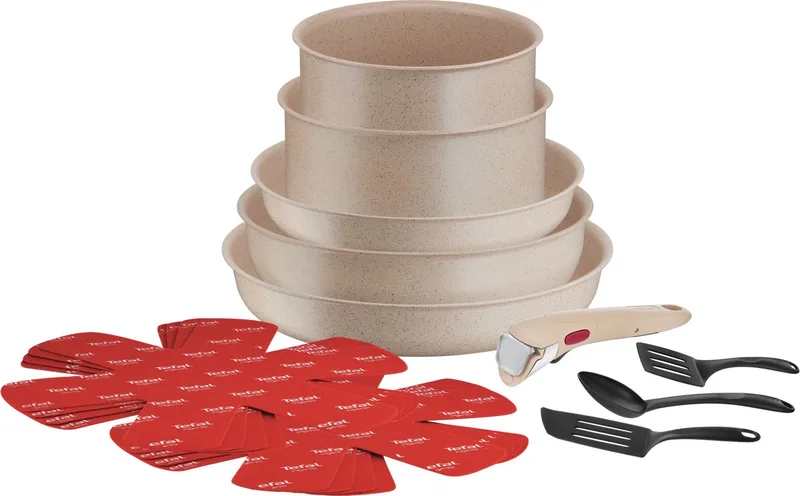 Ingenio Delight ON - Pannenset - 17-delig - Inductie - Stapelbaar - Afneembare Handgreep - Ruimtebesparend by Tefal in Beige – product photo