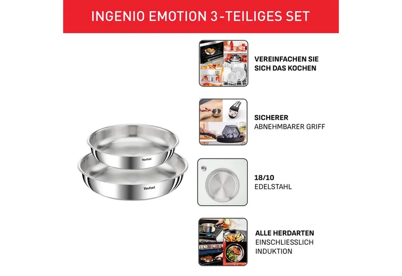 Ingenio Emotion L8969345 – 3-delige pannenset – Inox braadpannen 24/28 cm – Afneembare handgreep – Stapelbaar – Inductiegeschikt – Ovenbestendig – Zonder coating von Tefal in Silber – Produktfoto 3 von 5