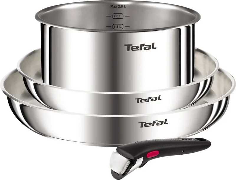 Ingenio Emotion L896S453 – 4-delige pannenset – Inox 2 braadpannen & 1 steelpan – Afneembare handgreep – Stapelbaar – Inductiegeschikt – Ovenbestendig – Compact kookgerei by Tefal in Silver – product photo