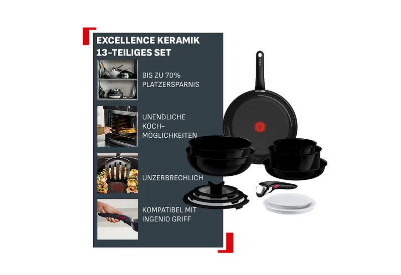 Ingenio Excellence Ceram - Pannenset - 13-delig - Fusion Core - Inclusief Deksel - Handgrepen - PFAS vrij by Tefal in Black – product photo 3 of 5
