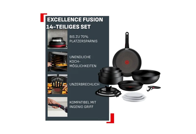 Ingenio Excellence Fusion - Pannenset - 14-delig - Inclusief Deksel - Handgrepen fra Tefal i Sort – produktbillede 3 af 5
