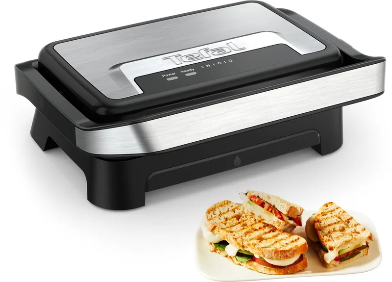 Inicio Compact GC270D - Paninimaker & Contactgrill - 1000W - Anti-aanbaklaag - Zilver - Verticaal opbergbaar by Tefal in Roestvrijstaal – product photo