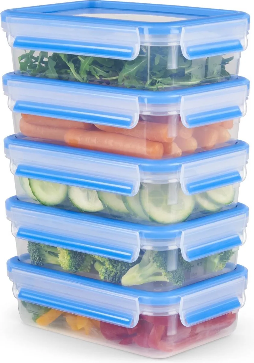 MasterSeal Fresh N1030710 Mealprep Vershouddozenset - 5x 0,8L - 100% Lekvrij - Vershoudbakjes - Magnetronbestendig by Tefal in Blue, Transparent – product photo