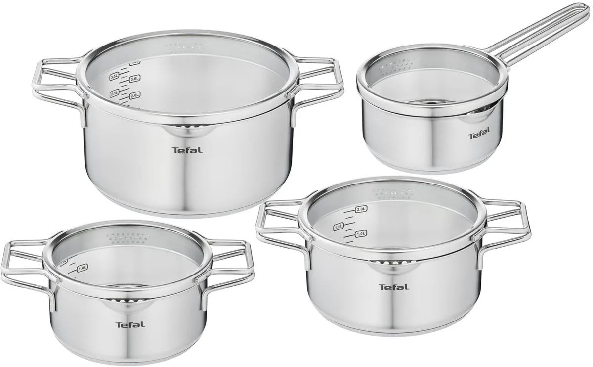 Nordica Pannenset 4-delig - RVS - Inclusief Glazen Deksels - Geschikt voor Inductie & Alle Warmtebronnen van Tefal in Zilver – productfoto