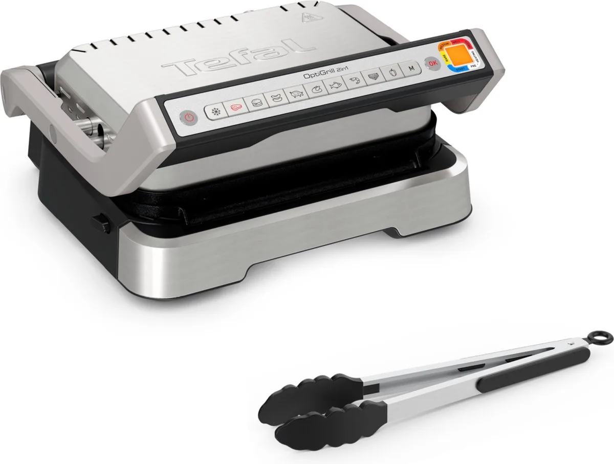 OptiGrill 2in1 GC773D - Intelligente Contactgrill - 9 Automatische Progamma's - Inclusief Tang - Gaarheidsindicator - 2000W by Tefal in Rvs – product photo