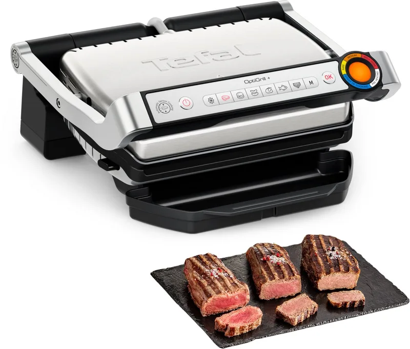 OptiGrill+ GC717D - Intelligente Contactgrill - 6 Automatische Programma's - Gaarheidsindicator - Uitneembare & vaatwasbestendige platen - Makkelijk schoonmaken - 2000W by Tefal in Rvs – product photo