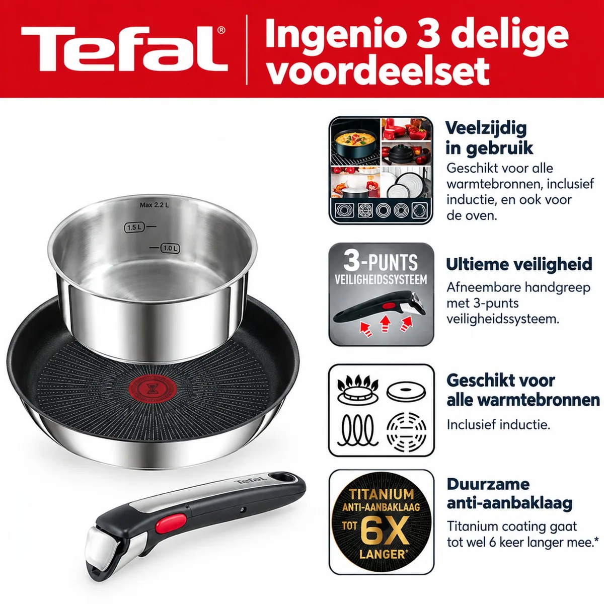 Pannenset met Afneembare Handgreep - Inductie, Anti-aanbak fra Tefal i Roestvrij staal – produktbillede