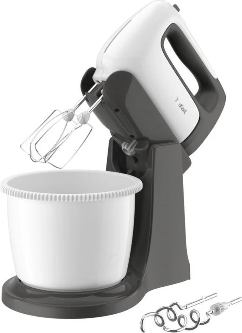 Prep'Mix+ HT4641 - Handmixer met mengkom - 5 Snelheden en Turbofunctie - Met Deeghaken en Gardes - 500W by Tefal in White – product photo