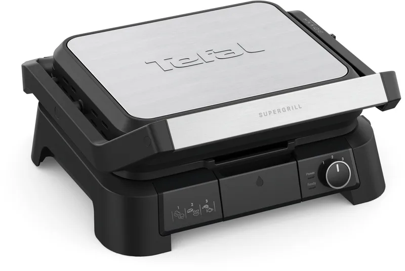 SuperGrill 3-in-1 GC510D Contactgrill - Barbecuestand - 3 Verstelbare Hoogtes - Uitneembare anti-aanbakplaten - Regelbare temperatuur- Vet opvangbak - Verticaal Opbergen - 2000W - RVS von Tefal in Schwarz – Produktfoto