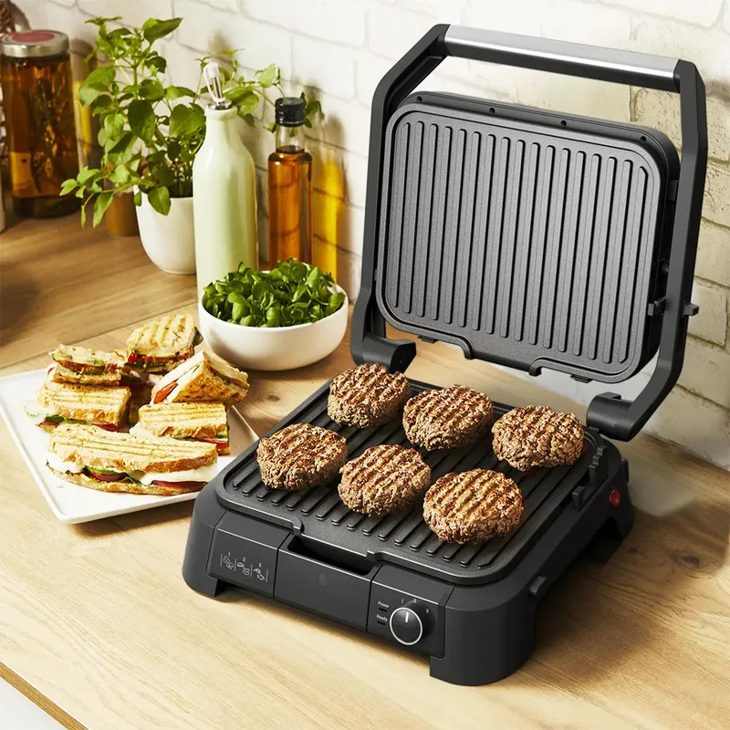 SuperGrill 3-in-1 GC510D Contactgrill - Barbecuestand - 3 Verstelbare Hoogtes - Uitneembare anti-aanbakplaten - Regelbare temperatuur- Vet opvangbak - Verticaal Opbergen - 2000W - RVS van Tefal in Zwart – productfoto 4 van 6