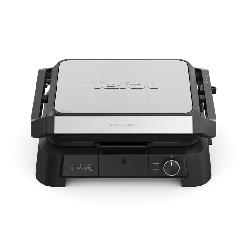 SuperGrill 3-in-1 GC510D Contactgrill - Barbecuestand - 3 Verstelbare Hoogtes - Uitneembare anti-aanbakplaten - Regelbare temperatuur- Vet opvangbak - Verticaal Opbergen - 2000W - RVS van Tefal in Zwart – productfoto 2 van 6