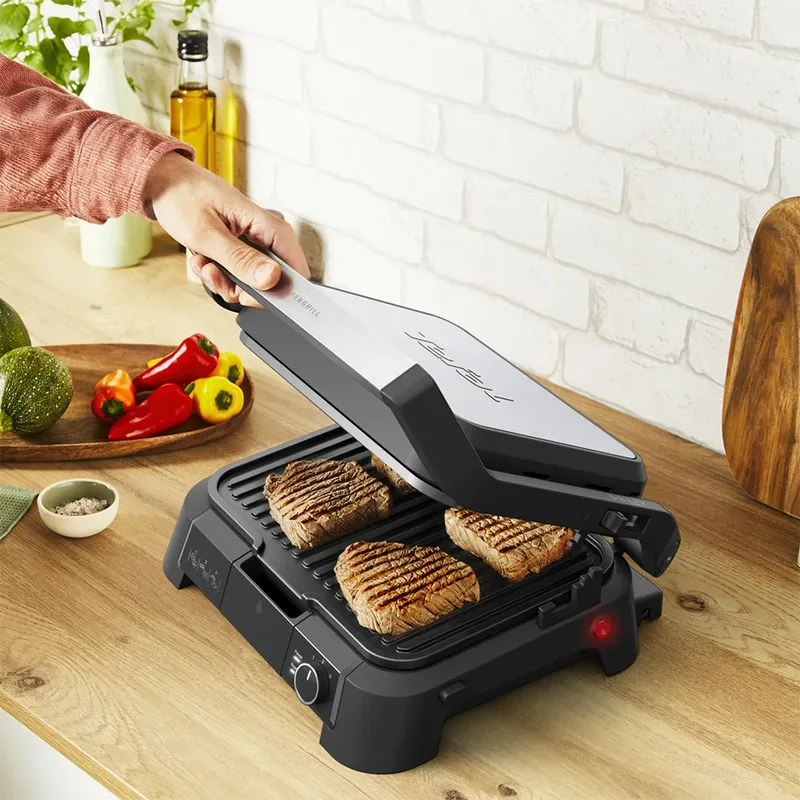 SuperGrill 3-in-1 GC510D Contactgrill - Barbecuestand - 3 Verstelbare Hoogtes - Uitneembare anti-aanbakplaten - Regelbare temperatuur- Vet opvangbak - Verticaal Opbergen - 2000W - RVS van Tefal in Zwart – productfoto 3 van 6