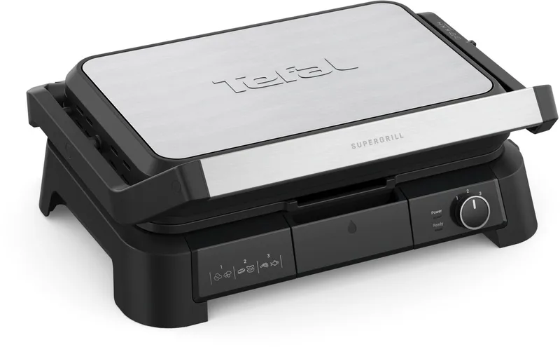 SuperGrill 3-in-1 GC520D Contactgrill XL - Barbecuestand - 3 Verstelbare Hoogtes - Uitneembare Anti-aanbakplaten - Groot Formaat - Regelbare temperatuur - Vet opvangbak - Verticaal Opbergen - 2200W - RVS de Tefal en Noir – photo produit