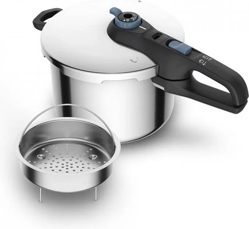 TRENDY+ Snelkookpan - 8L - Roestvrij Staal - Zwart/Blauw - Geschikt voor alle warmtebronnen by Tefal in Black, Aqua – product photo