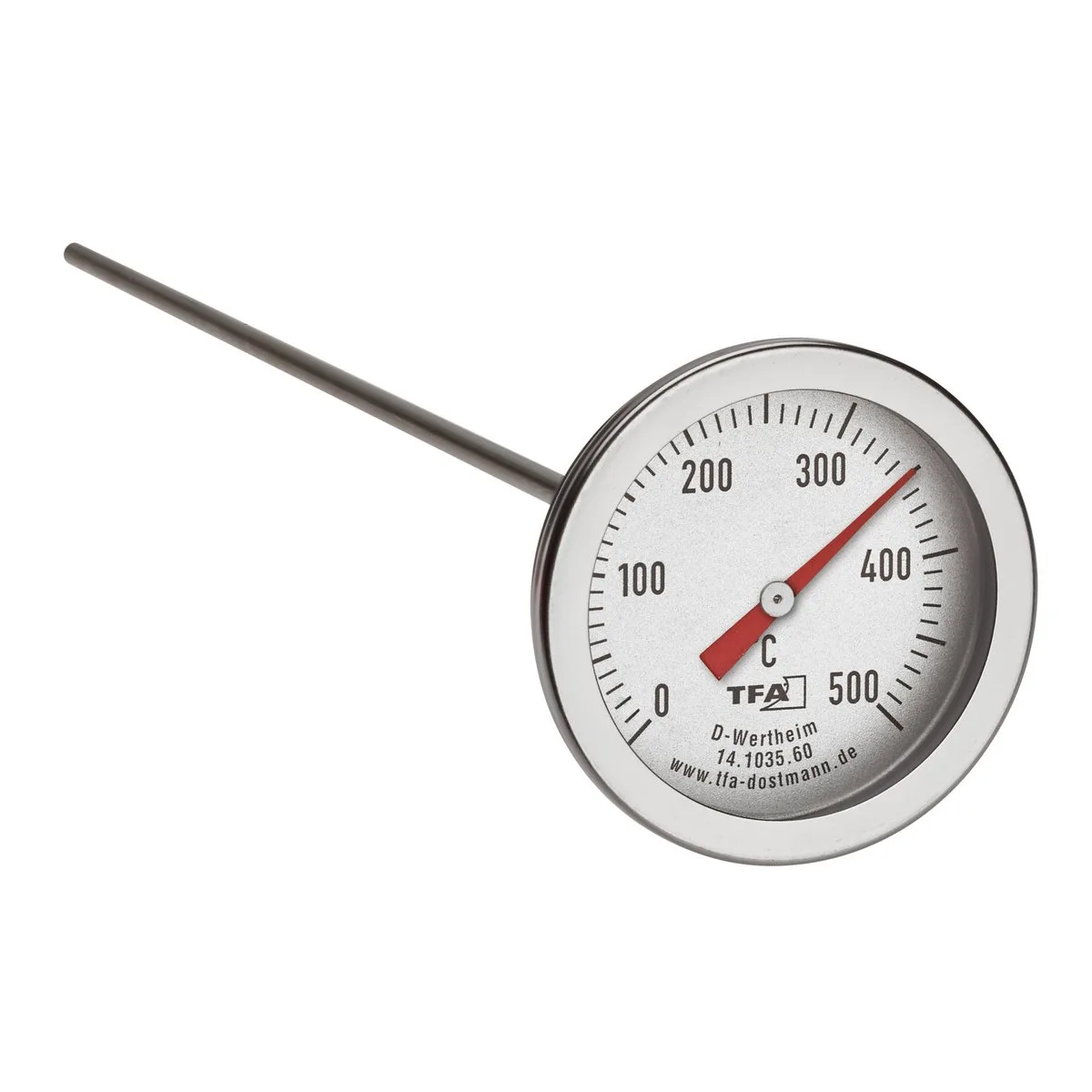 oven thermometer - analoog - 0-500 graden celcius - 30 cm - prikker från TFA Dostmann i Rvs – produktbild